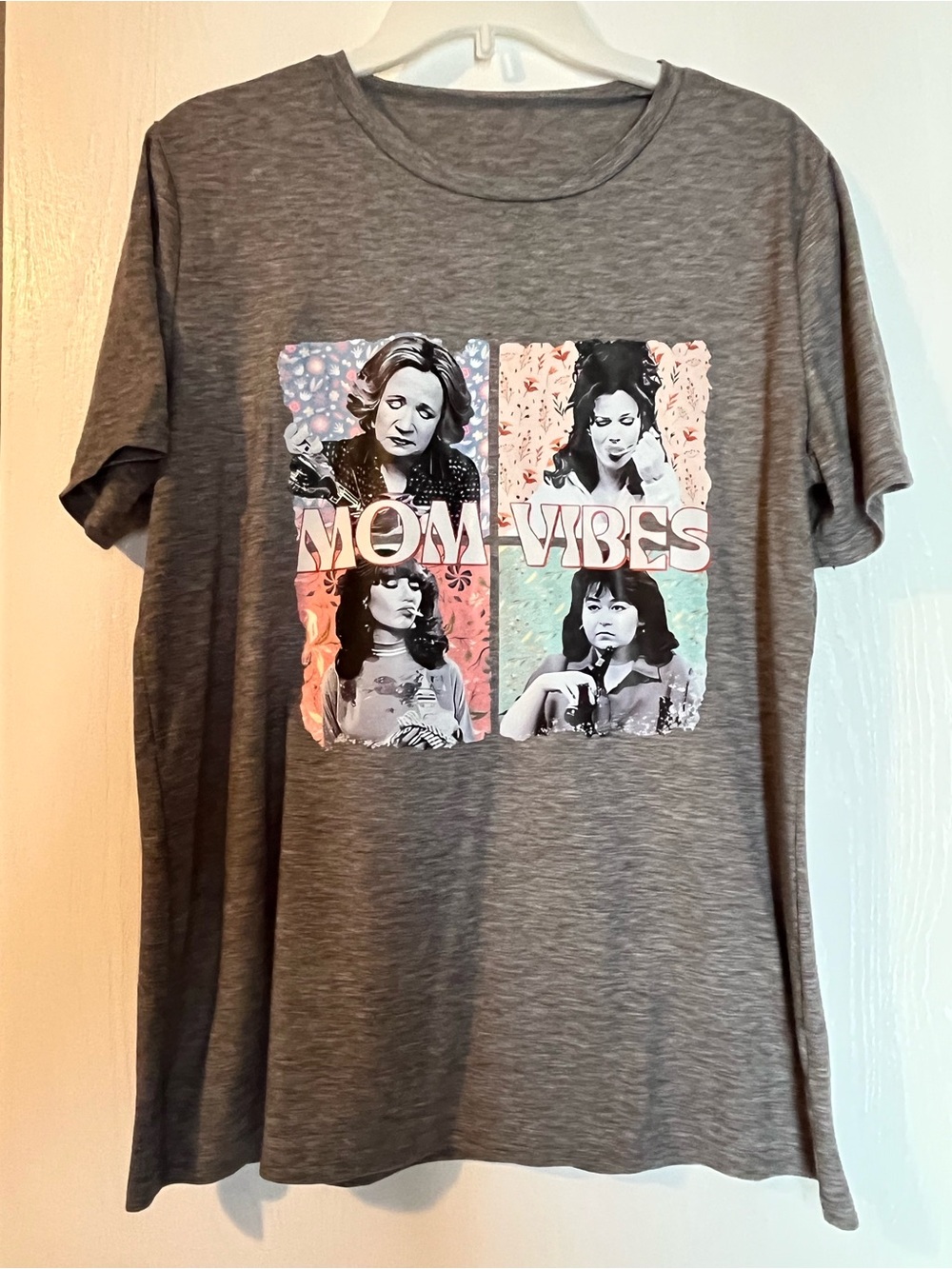 Mom Vibes Graphic Tee - Gray with Pastel Accents